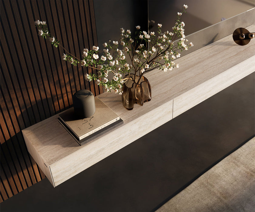 Floating TV Stand Cuor 250cm Ceramic Travertino Bianco 1 Flap Door 1 Drawer