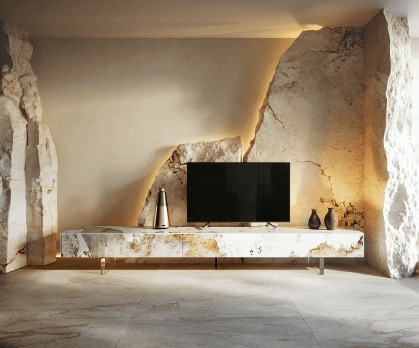 TV Stand Cuor 250cm Ceramic Minas Melange 1 Flap Door 1 Drawer Acryl Feet