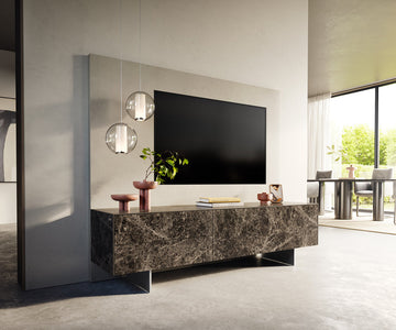 TV Stand Cuor 180cm Ceramic Emperador Extra Lucidato 1 Flap Door 2 Drawers Narrow Feet Silver