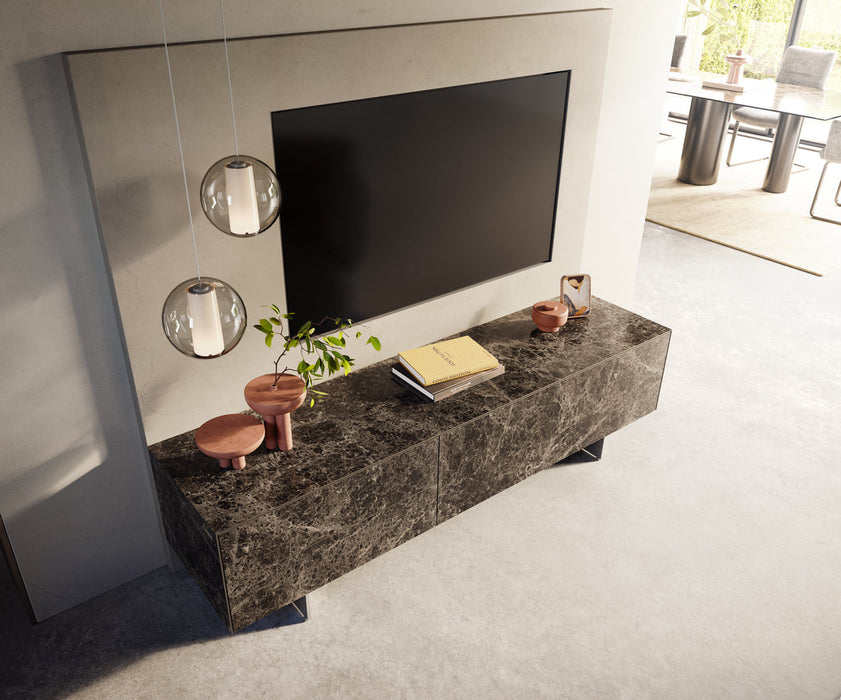 TV Stand Cuor 180cm Ceramic Emperador Extra Lucidato 1 Flap Door 2 Drawers Narrow Feet Silver