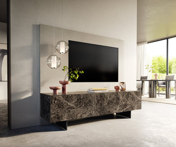 TV Stand Cuor 180cm Ceramic Emperador Extra Lucidato 1 Flap Door 2 Drawers Narrow Feet Black
