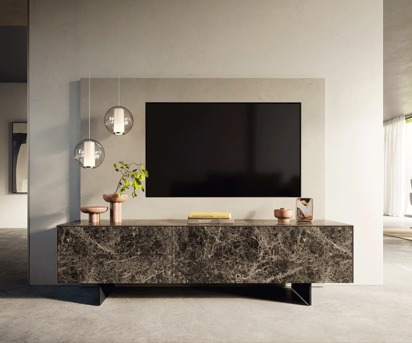 TV Stand Cuor 180cm Ceramic Emperador Extra Lucidato 1 Flap Door 2 Drawers Narrow Feet Black