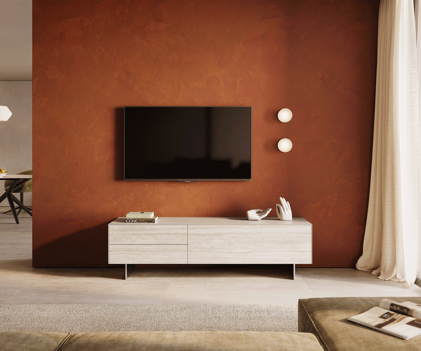 TV Stand Cuor 180cm Ceramic Travertino Bianco 1 Flap Door 2 Drawers Narrow Feet Silver