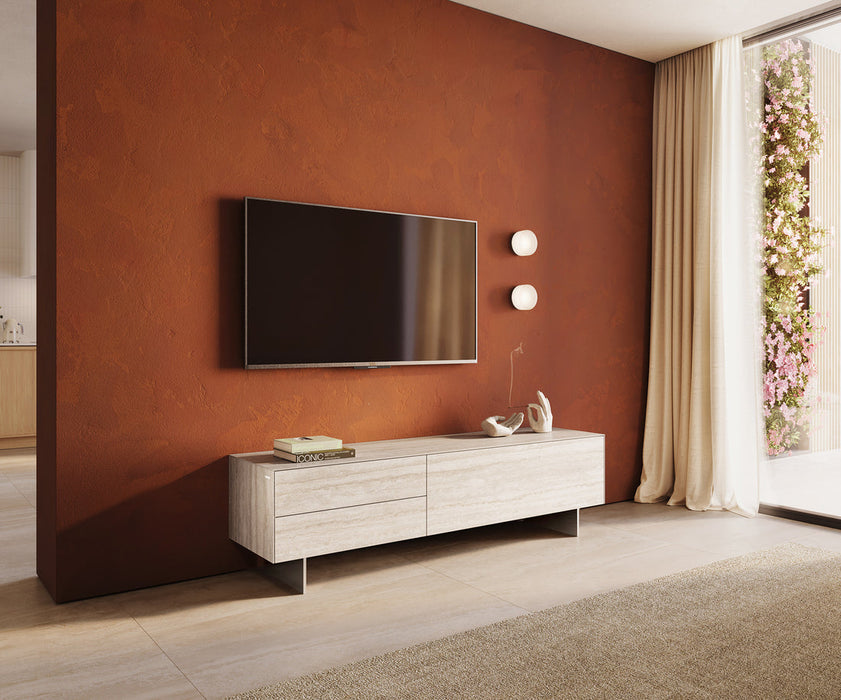 TV Stand Cuor 180cm Ceramic Travertino Bianco 1 Flap Door 2 Drawers Narrow Feet Silver