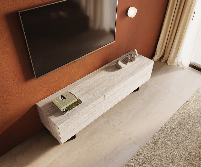 TV Stand Cuor 180cm Ceramic Travertino Bianco 1 Flap Door 2 Drawers Narrow Feet Black