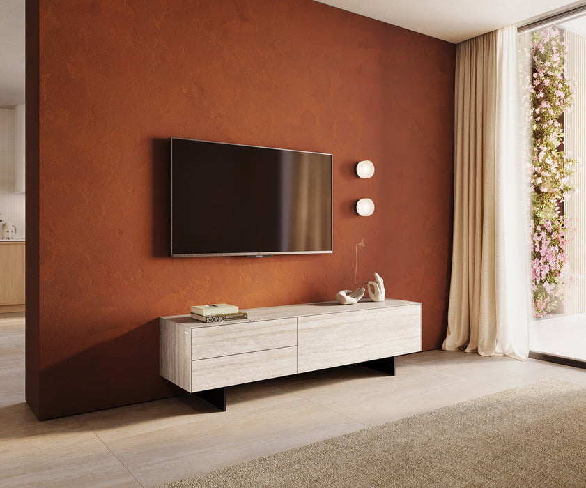 TV Stand Cuor 180cm Ceramic Travertino Bianco 1 Flap Door 2 Drawers Narrow Feet Black