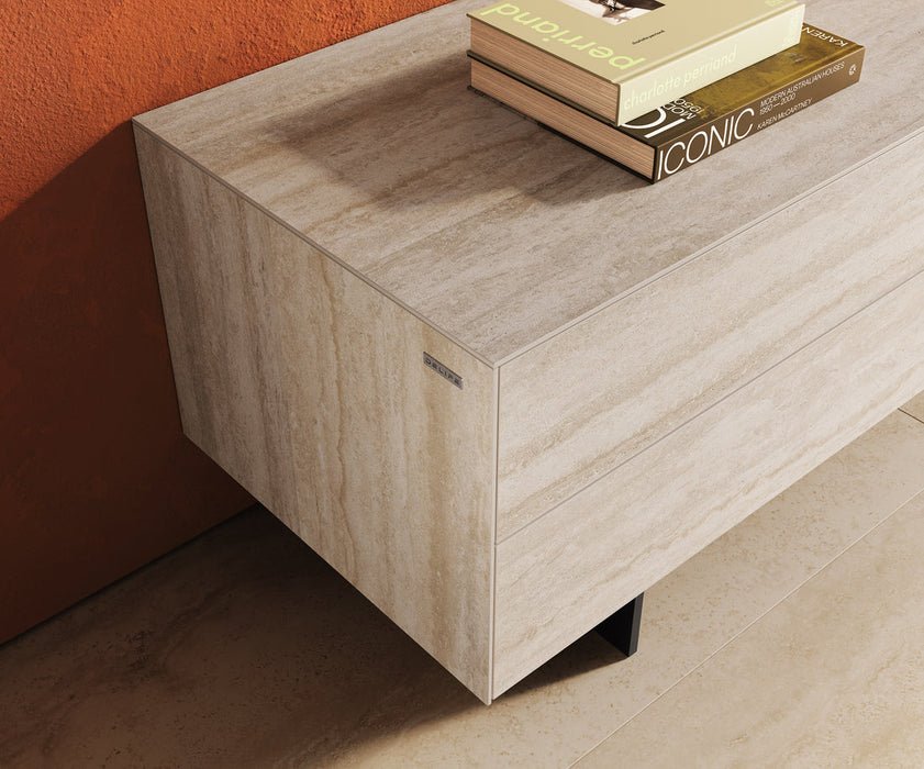 TV Stand Cuor 180cm Ceramic Travertino Bianco 1 Flap Door 2 Drawers Narrow Feet Black