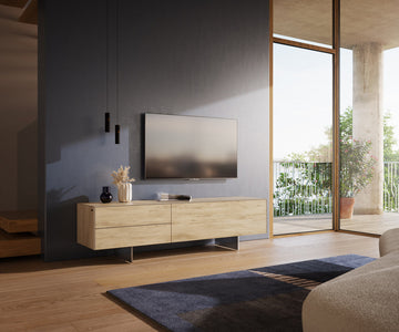 TV Stand Cuor 180cm Ceramic Sabbia Oak 1 Flap Door 2 Drawers Narrow Feet Silver