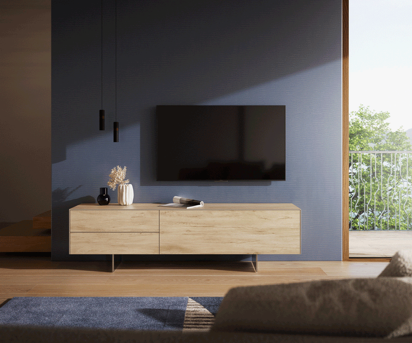 TV Stand Cuor 180cm Ceramic Sabbia Oak 1 Flap Door 2 Drawers Narrow Feet Silver