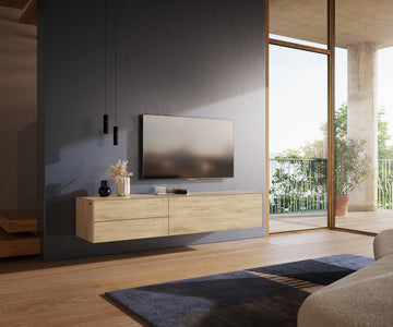 Floating TV Stand Cuor 180cm Ceramic Sabbia Oak 1 Flap Door 2 Drawers