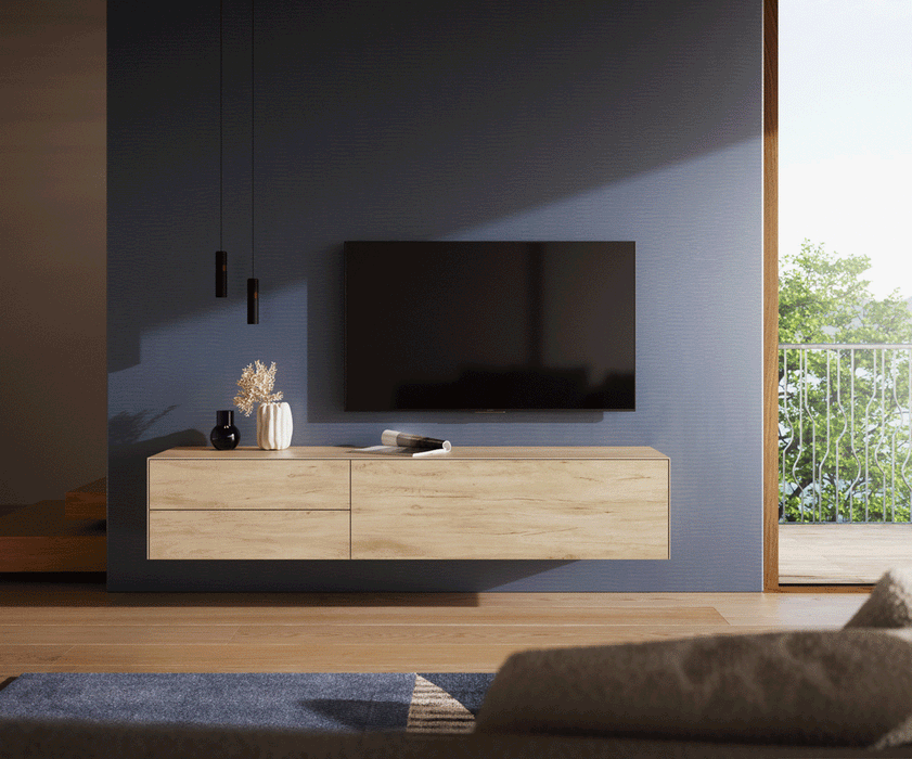 Floating TV Stand Cuor 180cm Ceramic Sabbia Oak 1 Flap Door 2 Drawers
