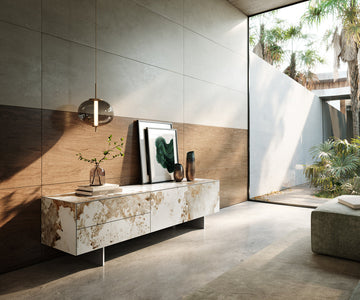 TV Stand Cuor 180cm Ceramic Minas Melange 1 Flap Door 2 Drawers Narrow Feet Silver