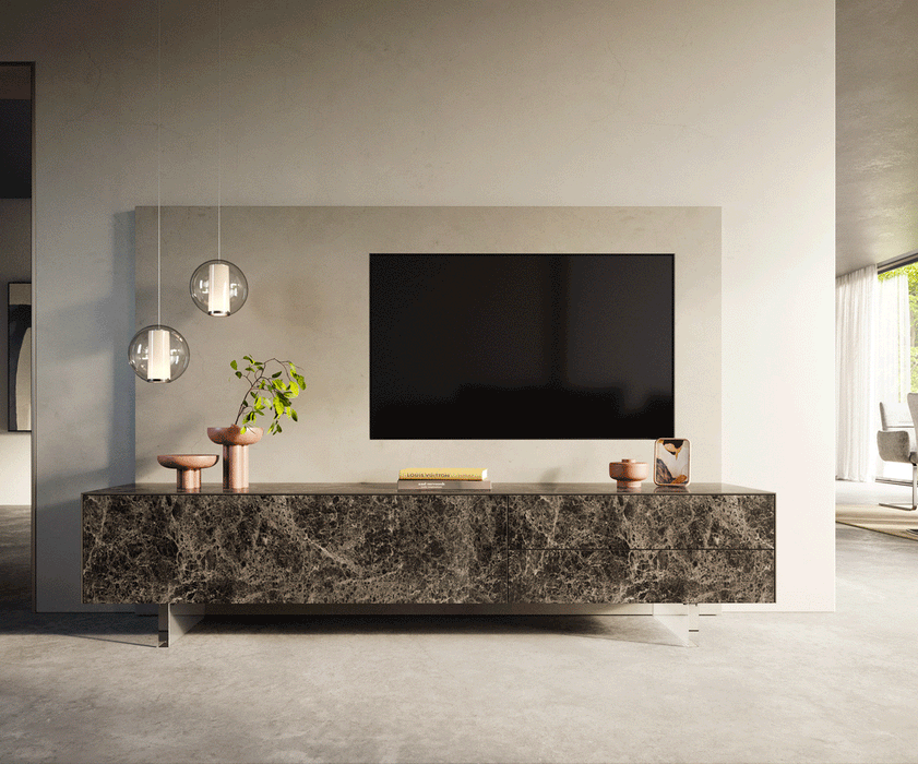 TV Stand Cuor 220cm Ceramic Emperador Extra Lucidato 1 Flap Door 2 Drawers Acryl Feet
