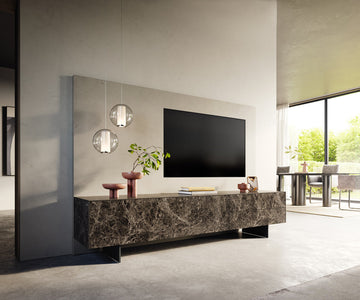 TV Stand Cuor 220cm Ceramic Emperador Extra Lucidato 1 Flap Door 2 Drawers Narrow Feet Black