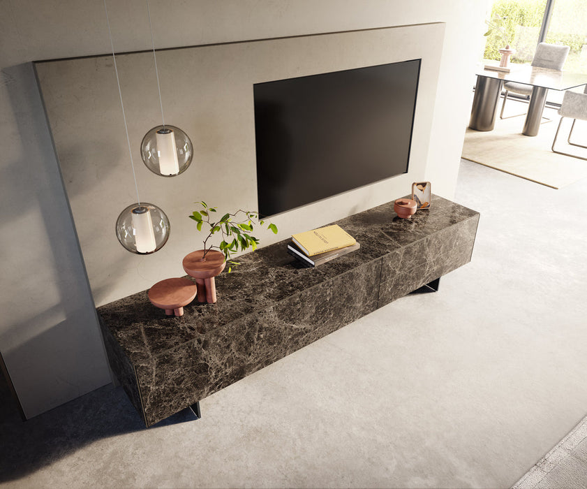 TV Stand Cuor 220cm Ceramic Emperador Extra Lucidato 1 Flap Door 2 Drawers Narrow Feet Black