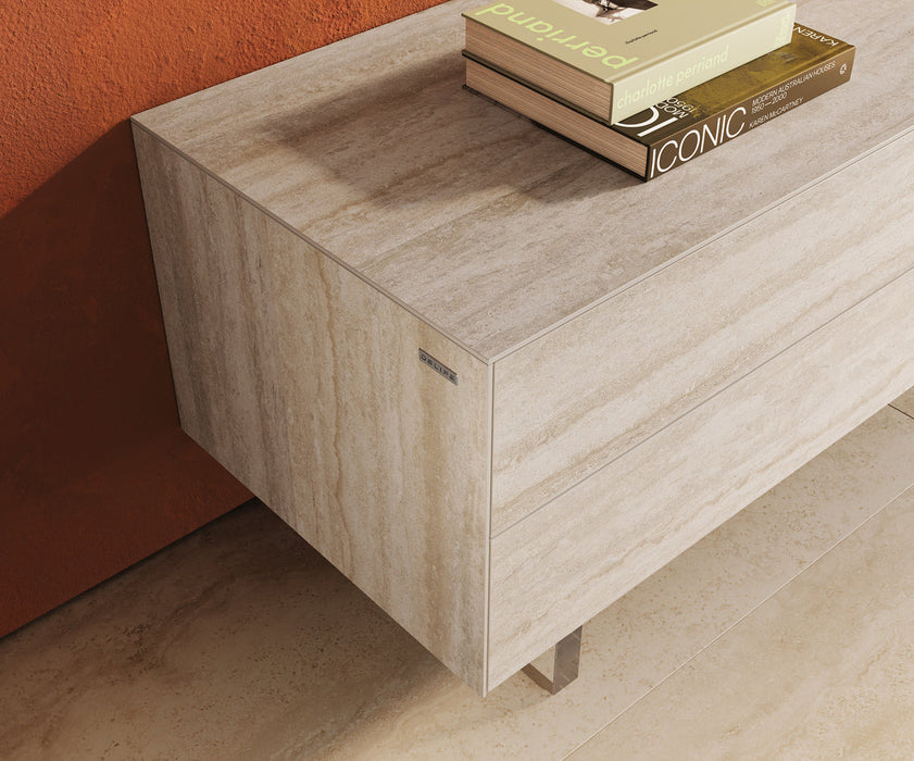 TV Stand Cuor 220cm Ceramic Travertino Bianco 1 Flap Door 2 Drawers Acryl Feet