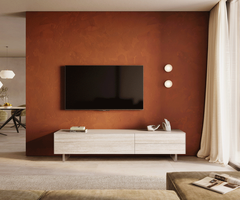 TV Stand Cuor 220cm Ceramic Travertino Bianco 1 Flap Door 2 Drawers Acryl Feet