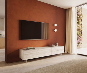 TV Stand Cuor 220cm Ceramic Travertino Bianco 1 Flap Door 2 Drawers Acryl Feet
