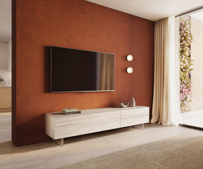 TV Stand Cuor 220cm Ceramic Travertino Bianco 1 Flap Door 2 Drawers Acryl Feet