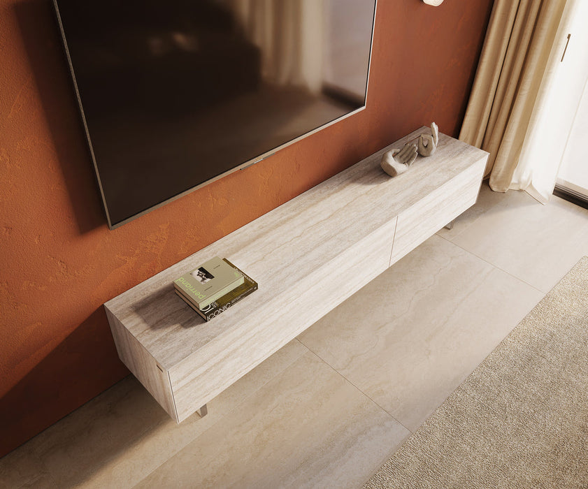 TV Stand Cuor 220cm Ceramic Travertino Bianco 1 Flap Door 2 Drawers Acryl Feet