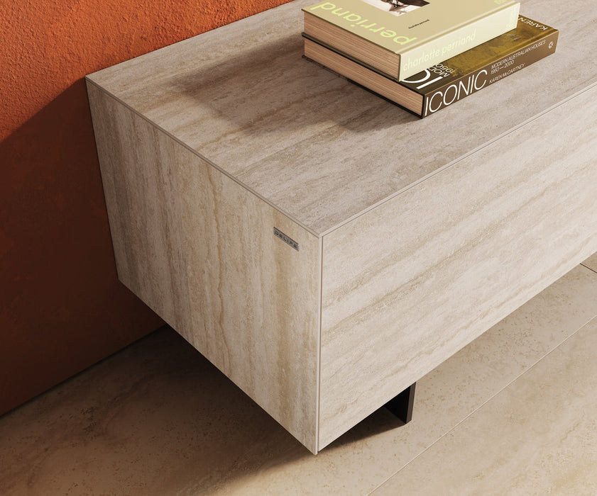 TV Stand Cuor 220cm Ceramic Travertino Bianco 1 Flap Door 2 Drawers Narrow Feet Black