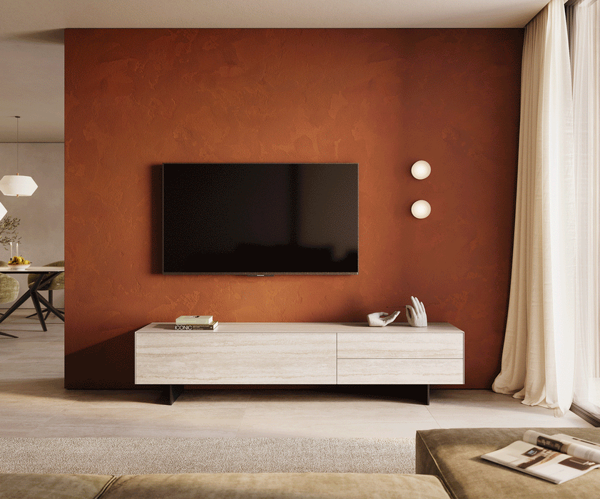 TV Stand Cuor 220cm Ceramic Travertino Bianco 1 Flap Door 2 Drawers Narrow Feet Black