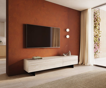 TV Stand Cuor 220cm Ceramic Travertino Bianco 1 Flap Door 2 Drawers Narrow Feet Black