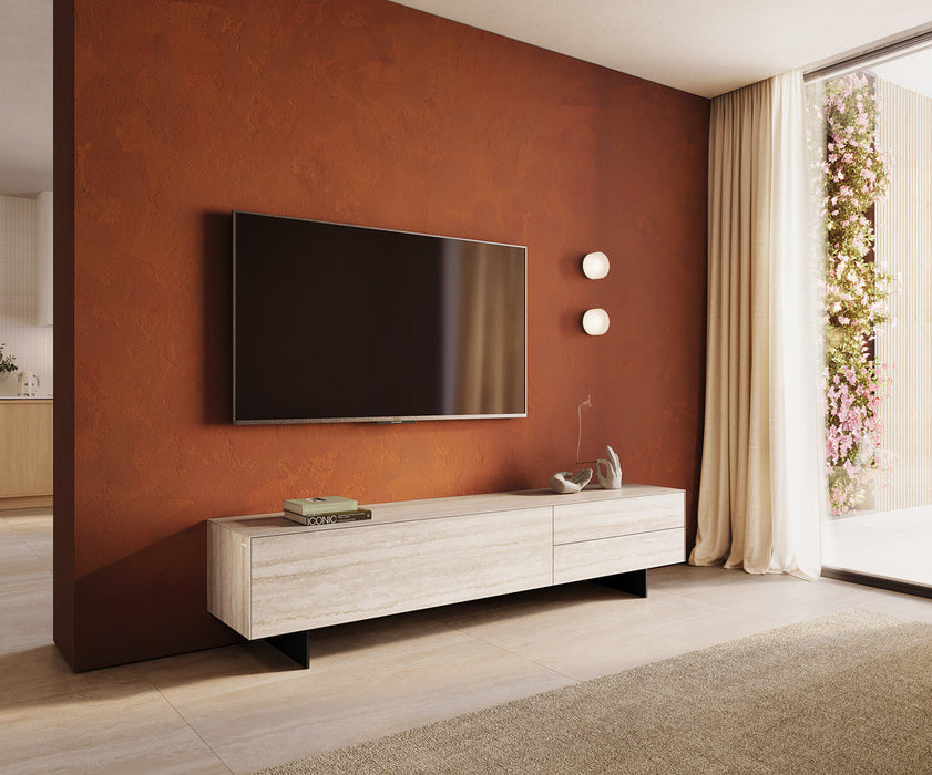TV Stand Cuor 220cm Ceramic Travertino Bianco 1 Flap Door 2 Drawers Narrow Feet Black