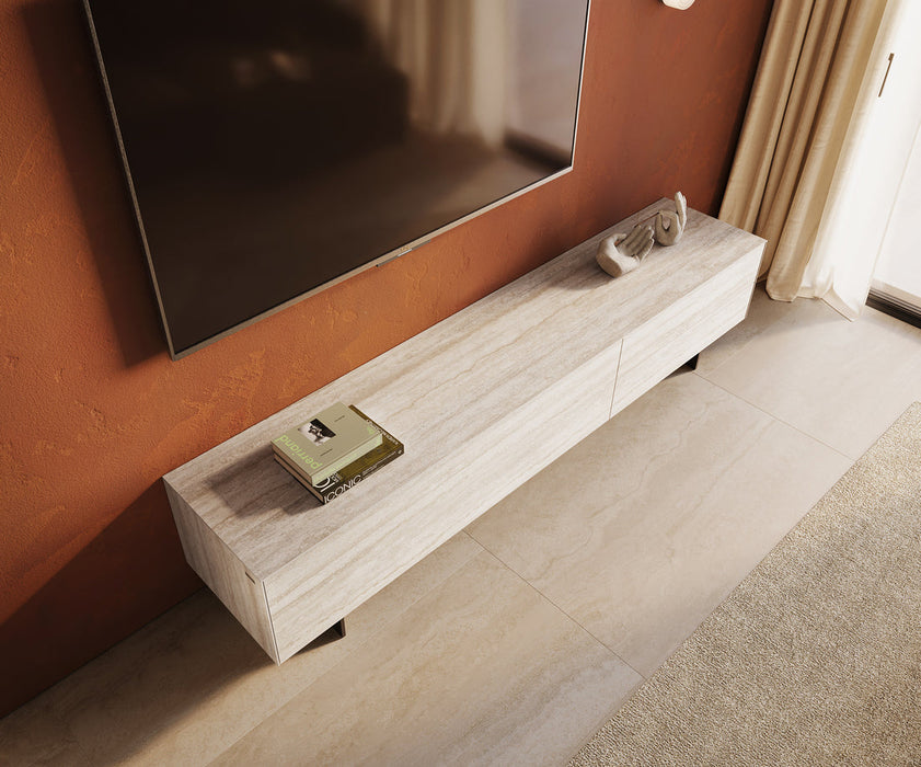 TV Stand Cuor 220cm Ceramic Travertino Bianco 1 Flap Door 2 Drawers Narrow Feet Black