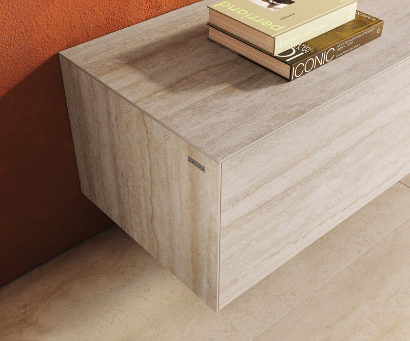 Floating TV Stand Cuor 220cm Ceramic Travertino Bianco 1 Flap Door 2 Drawers