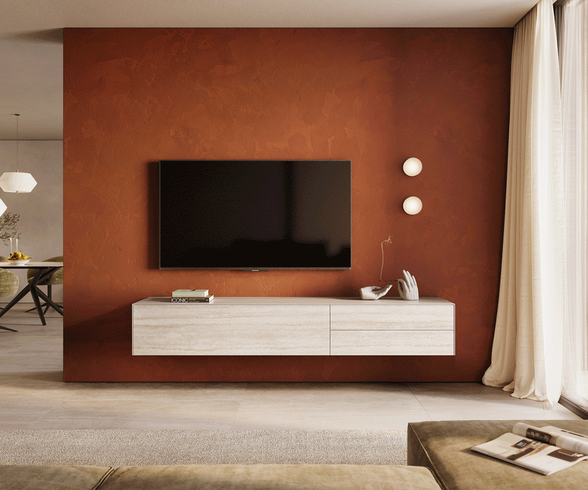 Floating TV Stand Cuor 220cm Ceramic Travertino Bianco 1 Flap Door 2 Drawers