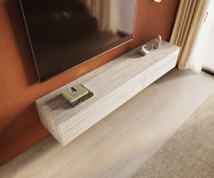 Floating TV Stand Cuor 220cm Ceramic Travertino Bianco 1 Flap Door 2 Drawers