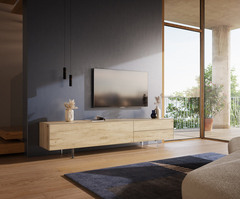 TV Stand Cuor 220cm Ceramic Sabbia Oak 1 Flap Door 2 Drawers Acryl Feet