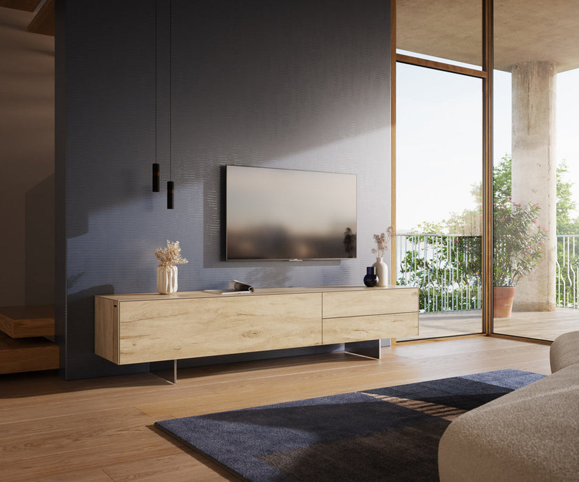 TV Stand Cuor 220cm Ceramic Sabbia Oak 1 Flap Door 2 Drawers Narrow Feet Silver