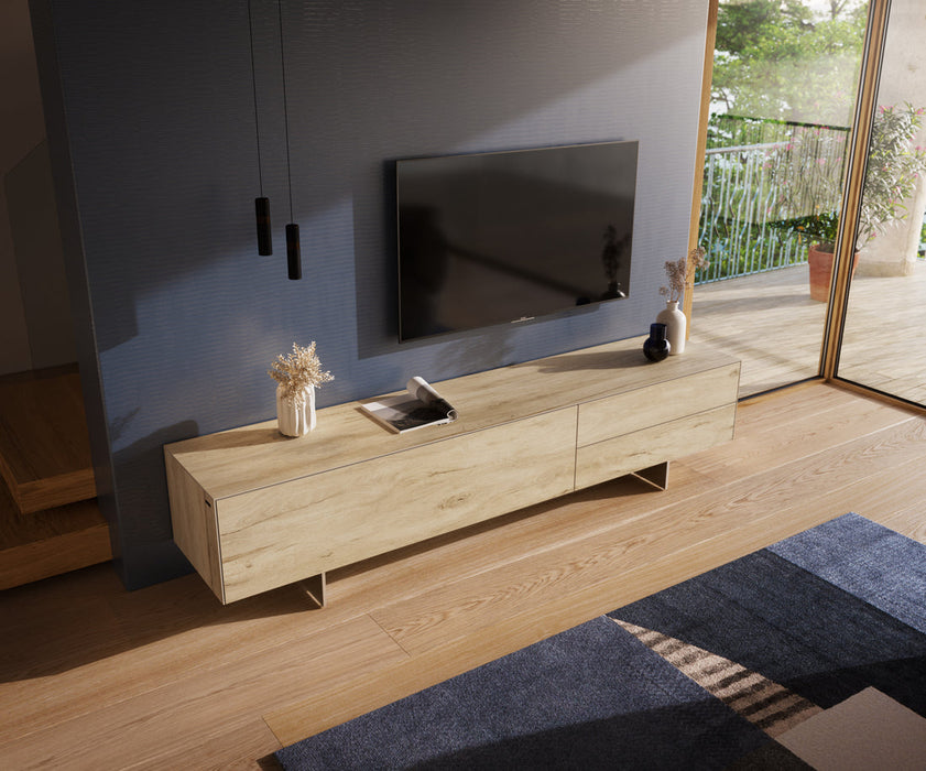 TV Stand Cuor 220cm Ceramic Sabbia Oak 1 Flap Door 2 Drawers Narrow Feet Silver