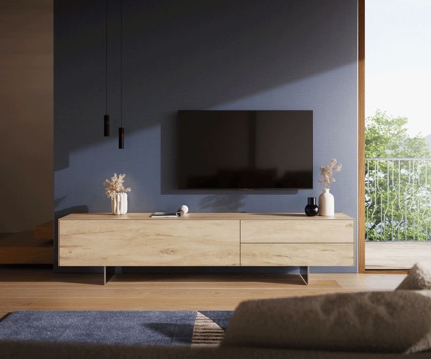 TV Stand Cuor 220cm Ceramic Sabbia Oak 1 Flap Door 2 Drawers Narrow Feet Silver