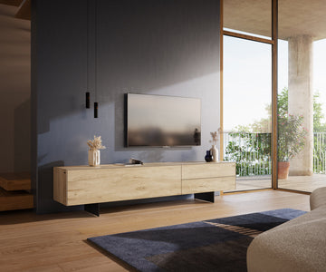 TV Stand Cuor 220cm Ceramic Sabbia Oak 1 Flap Door 2 Drawers Narrow Feet Black