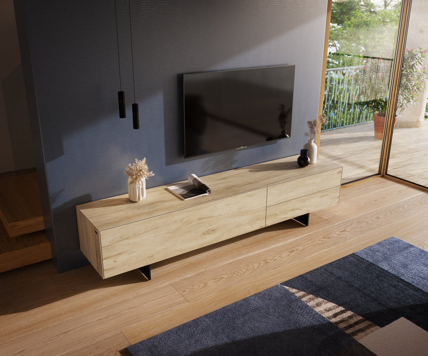 TV Stand Cuor 220cm Ceramic Sabbia Oak 1 Flap Door 2 Drawers Narrow Feet Black