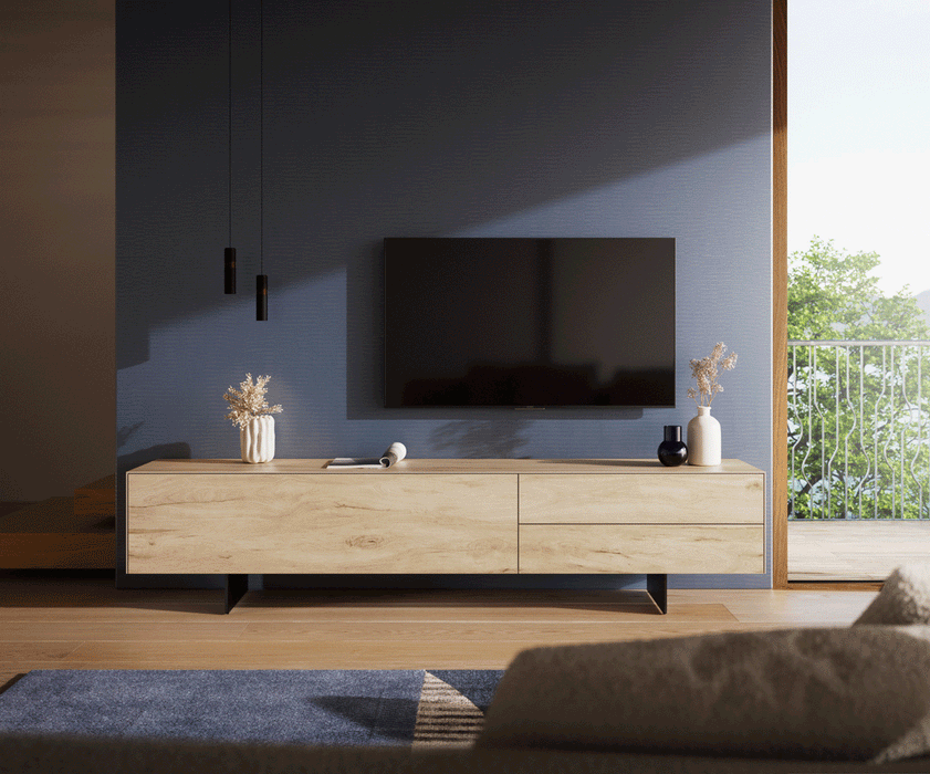 TV Stand Cuor 220cm Ceramic Sabbia Oak 1 Flap Door 2 Drawers Narrow Feet Black