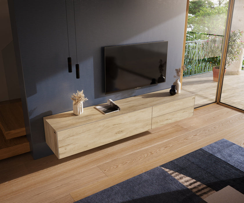 Floating TV Stand Cuor 220cm Ceramic Sabbia Oak 1 Flap Door 2 Drawers