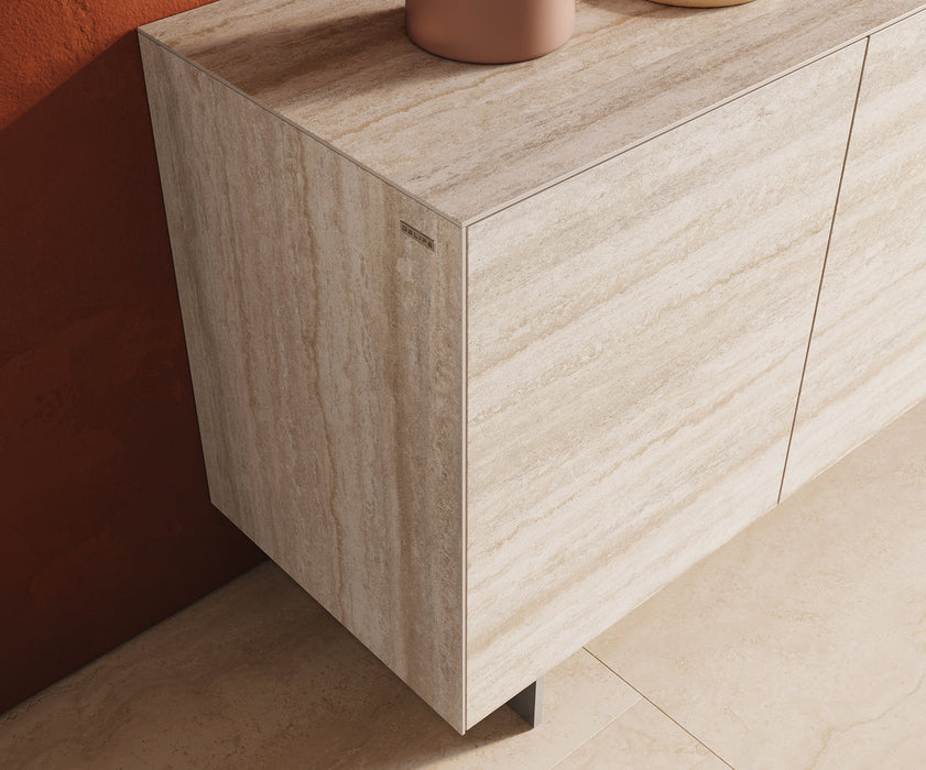 Sideboard Cuor 150cm Ceramic Travertino Bianco 3 Doors Narrow Feet Silver