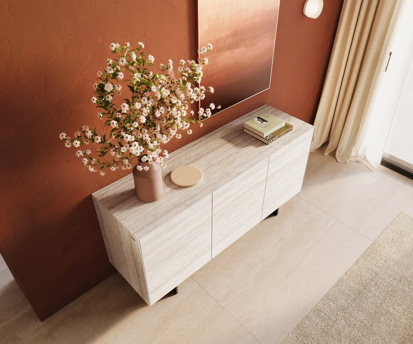 Sideboard Cuor 150cm Ceramic Travertino Bianco 3 Doors Narrow Feet Black