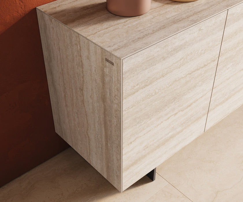 Sideboard Cuor 150cm Ceramic Travertino Bianco 3 Doors Narrow Feet Black