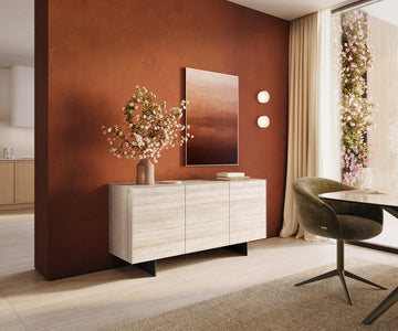 Sideboard Cuor 150cm Ceramic Travertino Bianco 3 Doors Narrow Feet Black