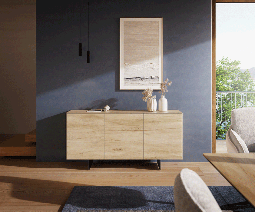 Sideboard Cuor 150cm Ceramic Sabbia Oak 3 Doors Narrow Feet Black
