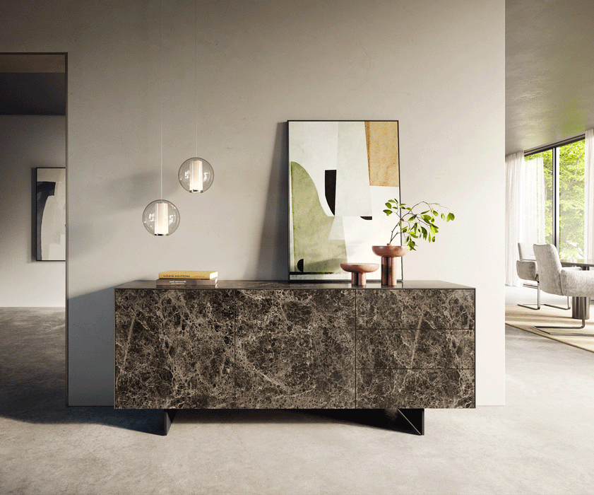 Sideboard Cuor 180cm Ceramic Emperador Extra Lucidato 2 Doors 3 Drawers Narrow Feet Black