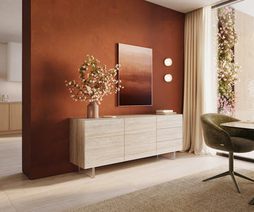 Sideboard Cuor 180cm Ceramic Travertino Bianco 2 Doors 3 Drawers Acryl Feet