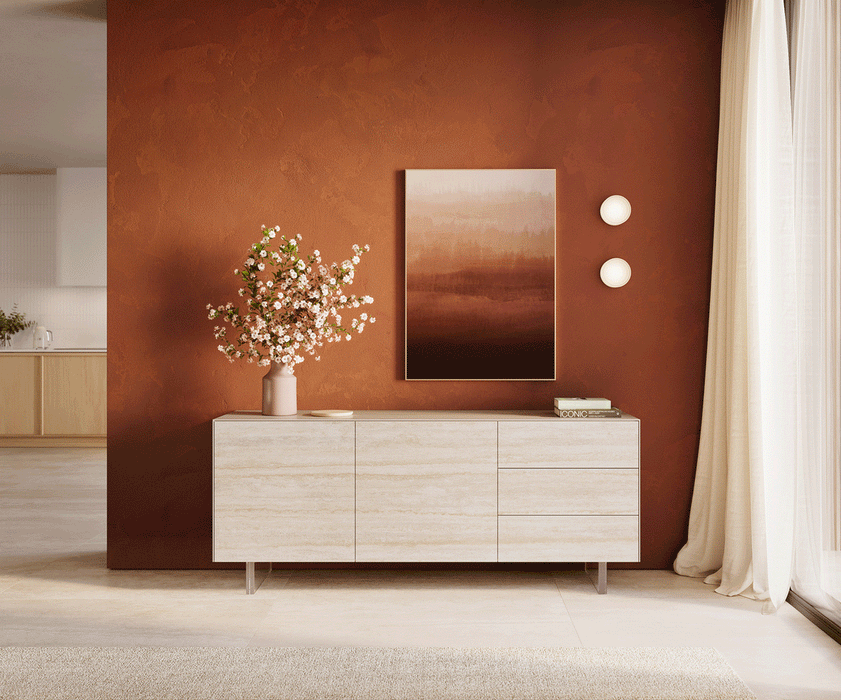 Sideboard Cuor 180cm Ceramic Travertino Bianco 2 Doors 3 Drawers Acryl Feet