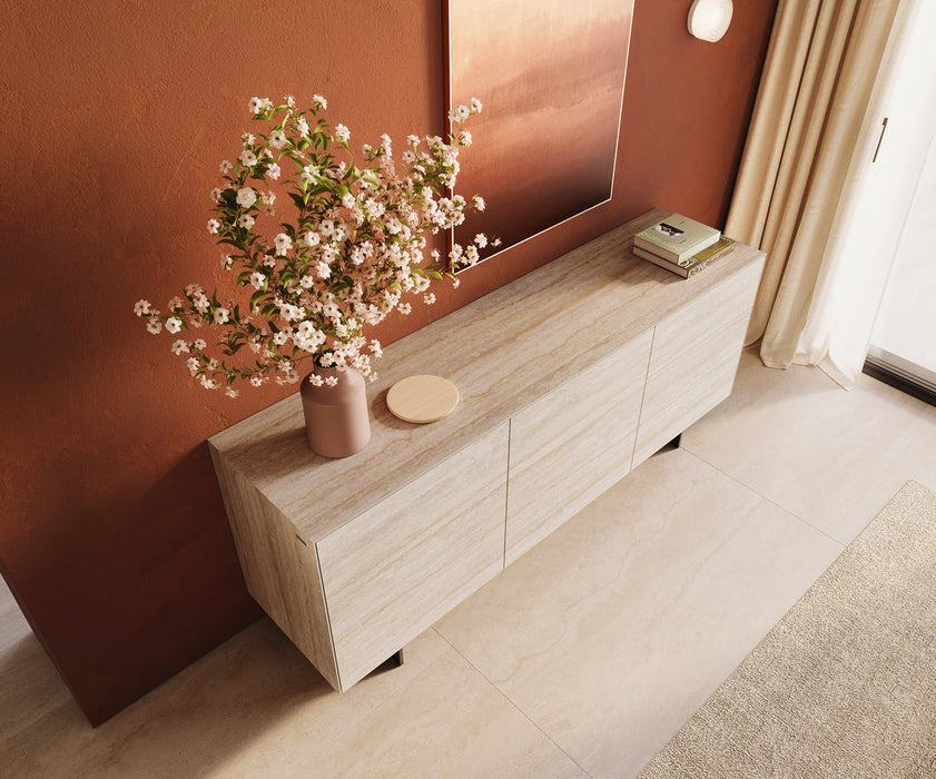 Sideboard Cuor 180cm Ceramic Travertino Bianco 2 Doors 3 Drawers Narrow Feet Black