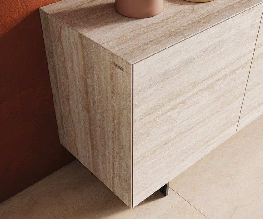 Sideboard Cuor 180cm Ceramic Travertino Bianco 2 Doors 3 Drawers Narrow Feet Black